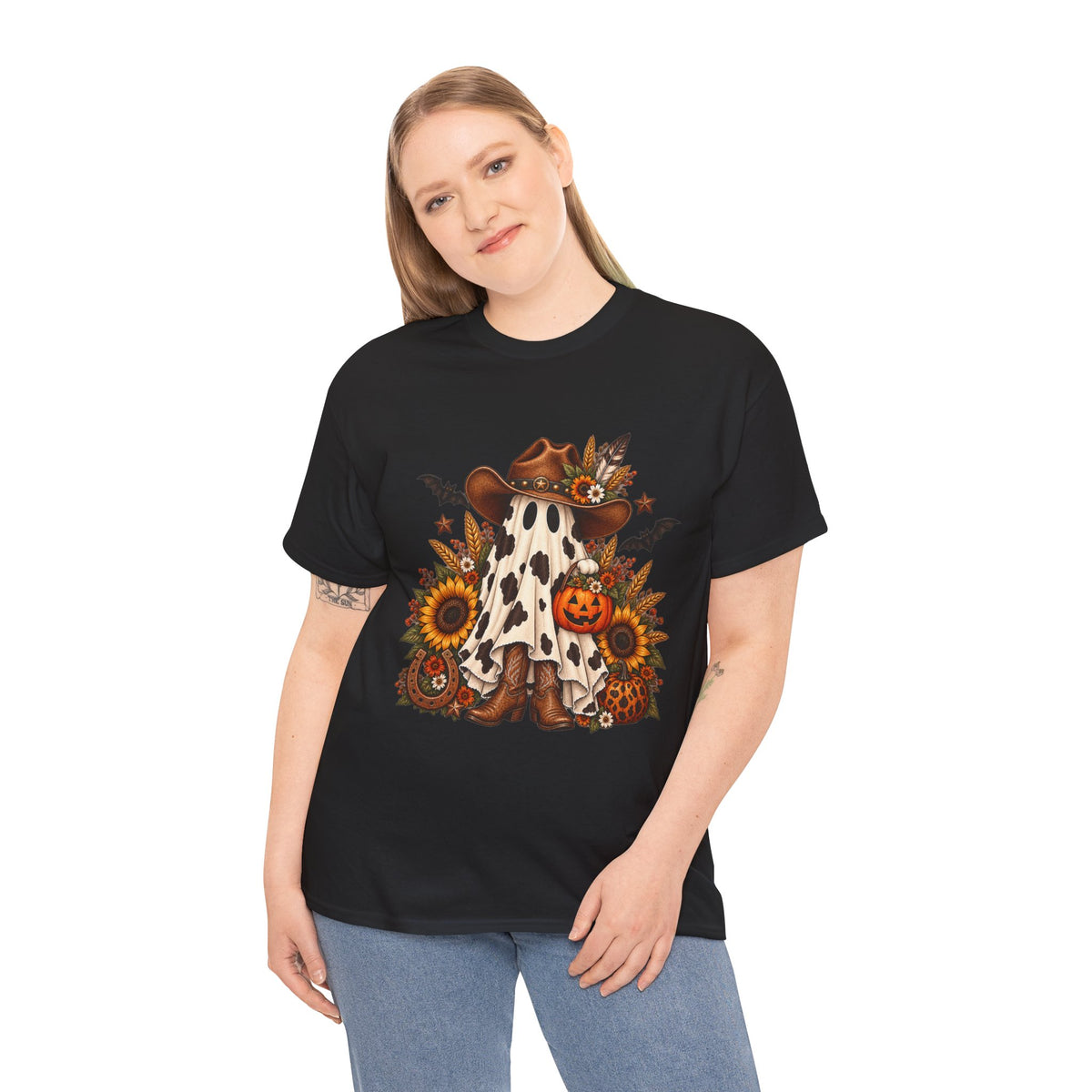 Cowgirl Ghost Halloween Tee — Fall Sunflower Pumpkin Costume Shirt