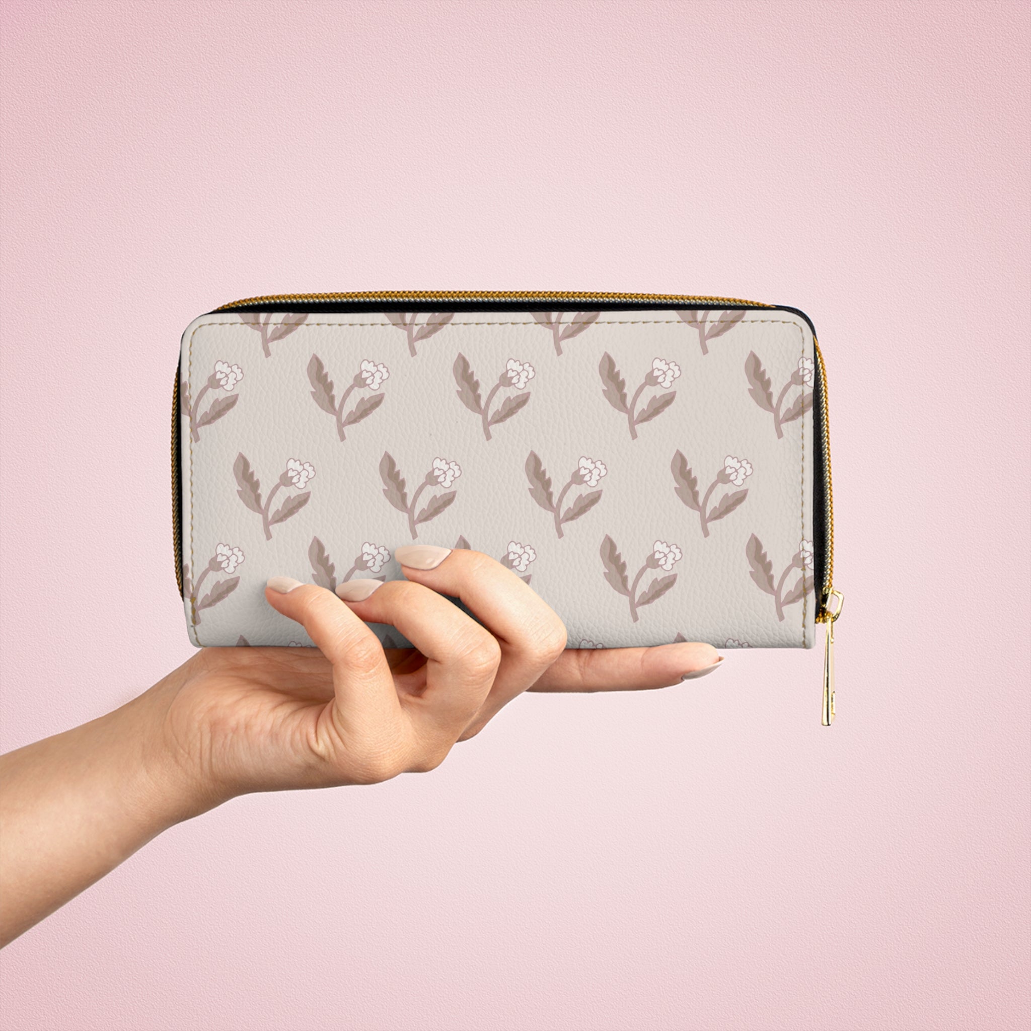 Floral Taupe Zipper Wallet — Neutral Rosebud Patterned Wallet