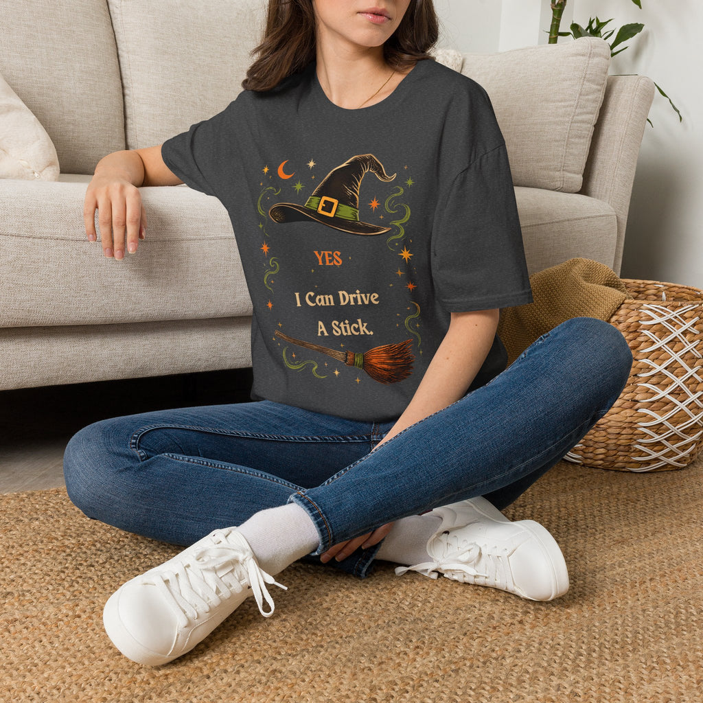 Witch Hat T‑Shirt — "Yes I Can Drive A Stick" Halloween Tee
