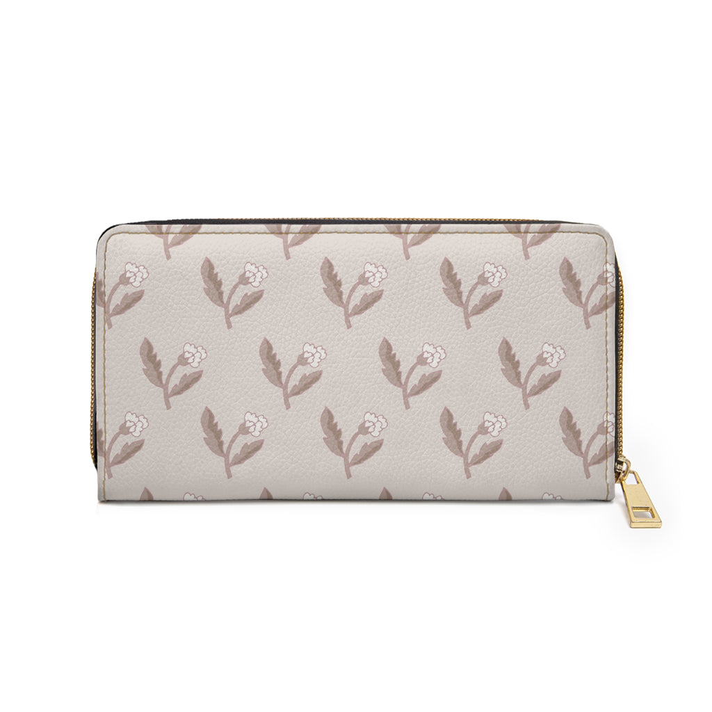 Floral Taupe Zipper Wallet — Neutral Rosebud Patterned Wallet