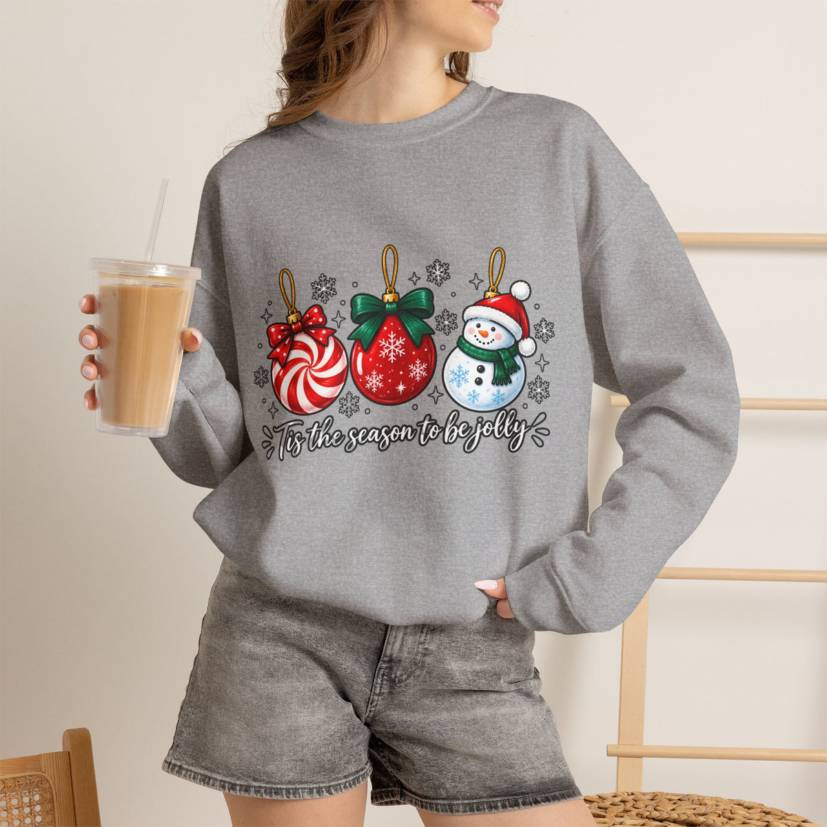 Christmas Ornaments Crew Sweatshirt — "Tis the Season to Be Jolly" Holiday Sweater