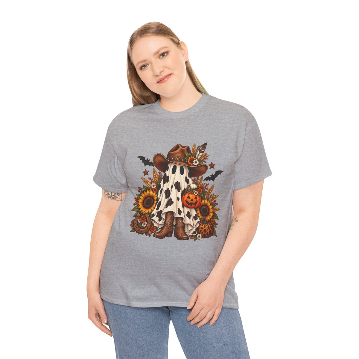 Cowgirl Ghost Halloween Tee — Fall Sunflower Pumpkin Costume Shirt