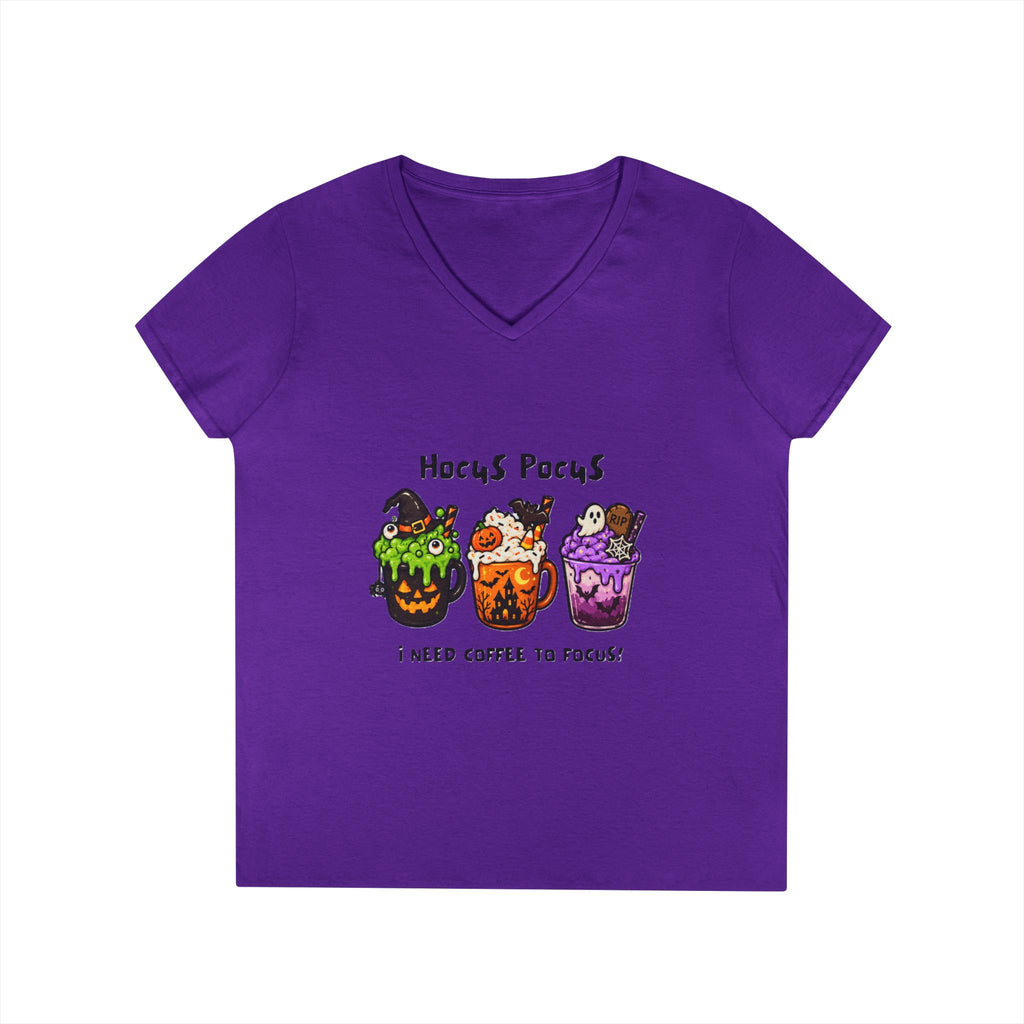 Halloween Coffee T‑Shirt — “Hocus Pocus I Need Coffee to Focus” Ladies' V‑Neck