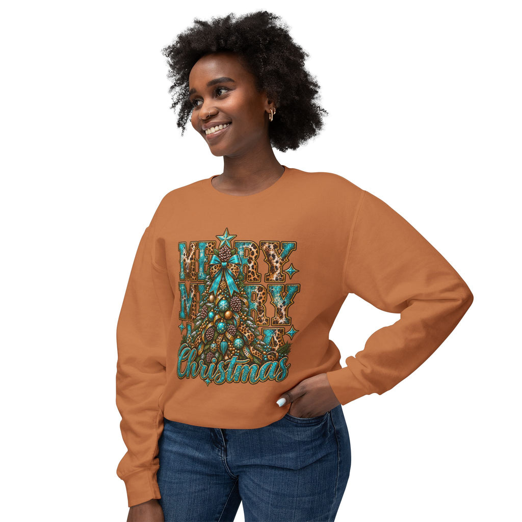 Merry Christmas Teal Leopard Tree Crewneck Sweatshirt