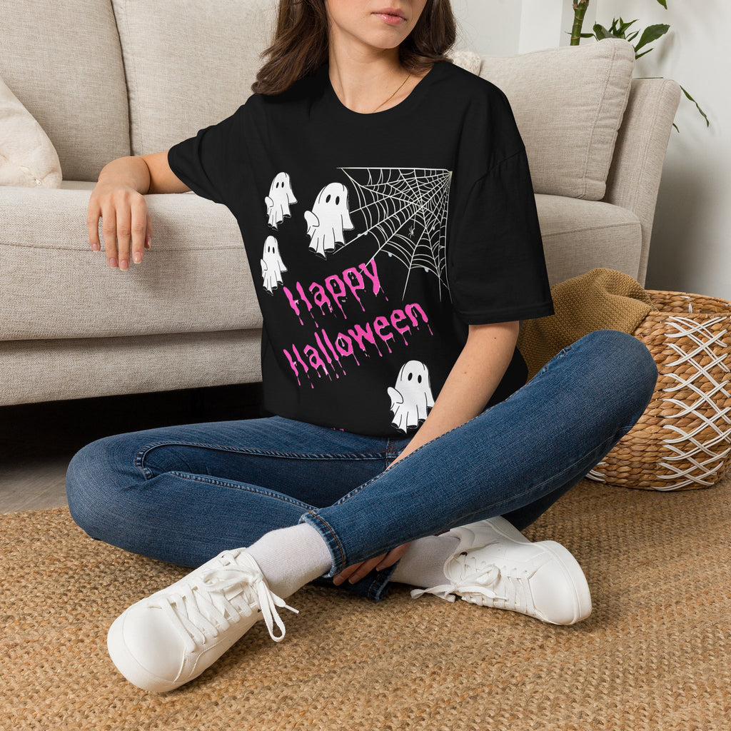 Halloween Ghosts Tee — "Happy Halloween" Spiderweb Graphic