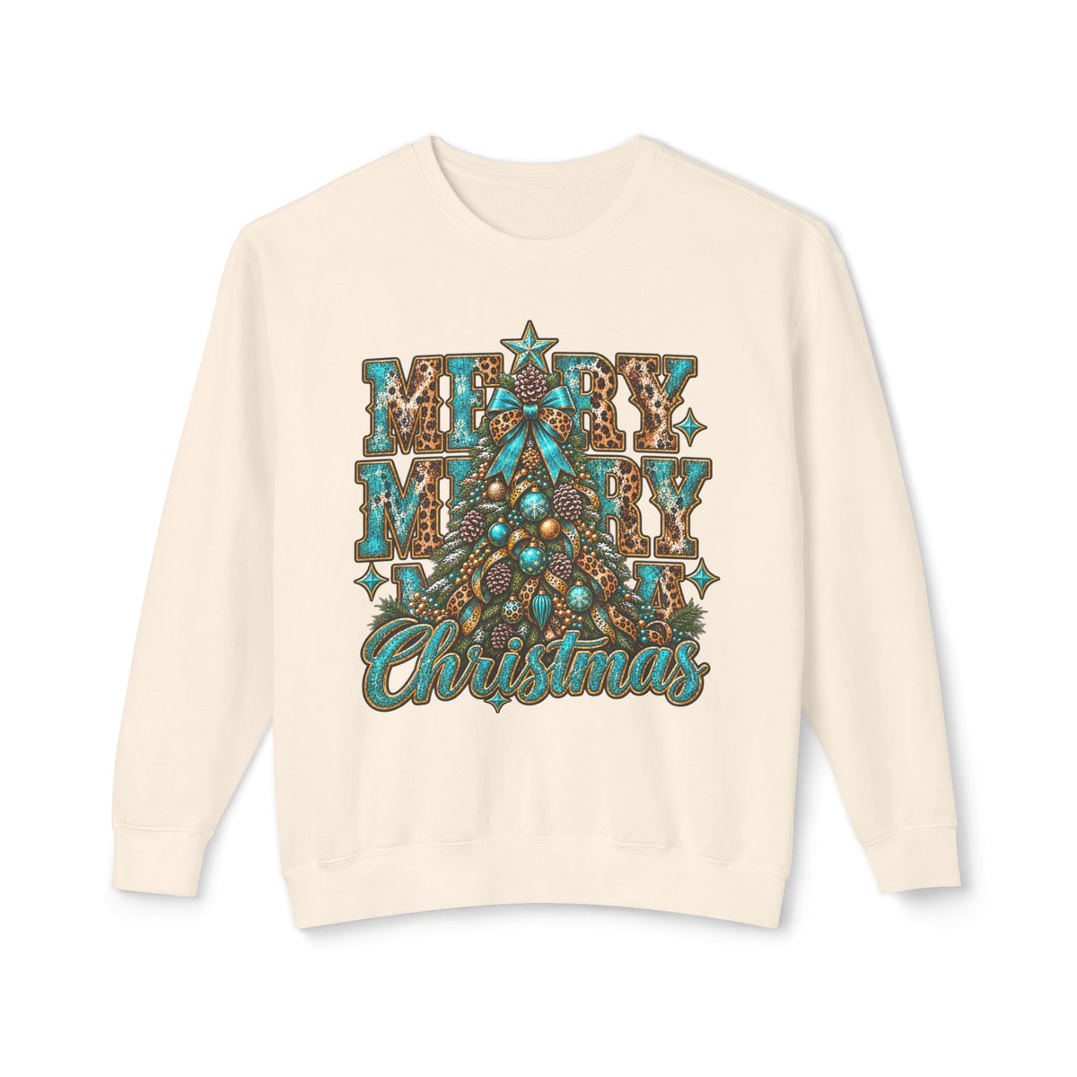 Merry Christmas Teal Leopard Tree Crewneck Sweatshirt