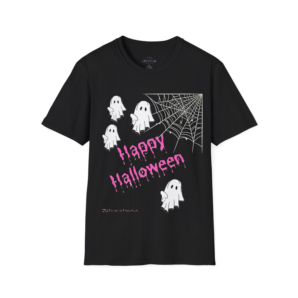 Halloween Ghosts Tee — "Happy Halloween" Spiderweb Graphic