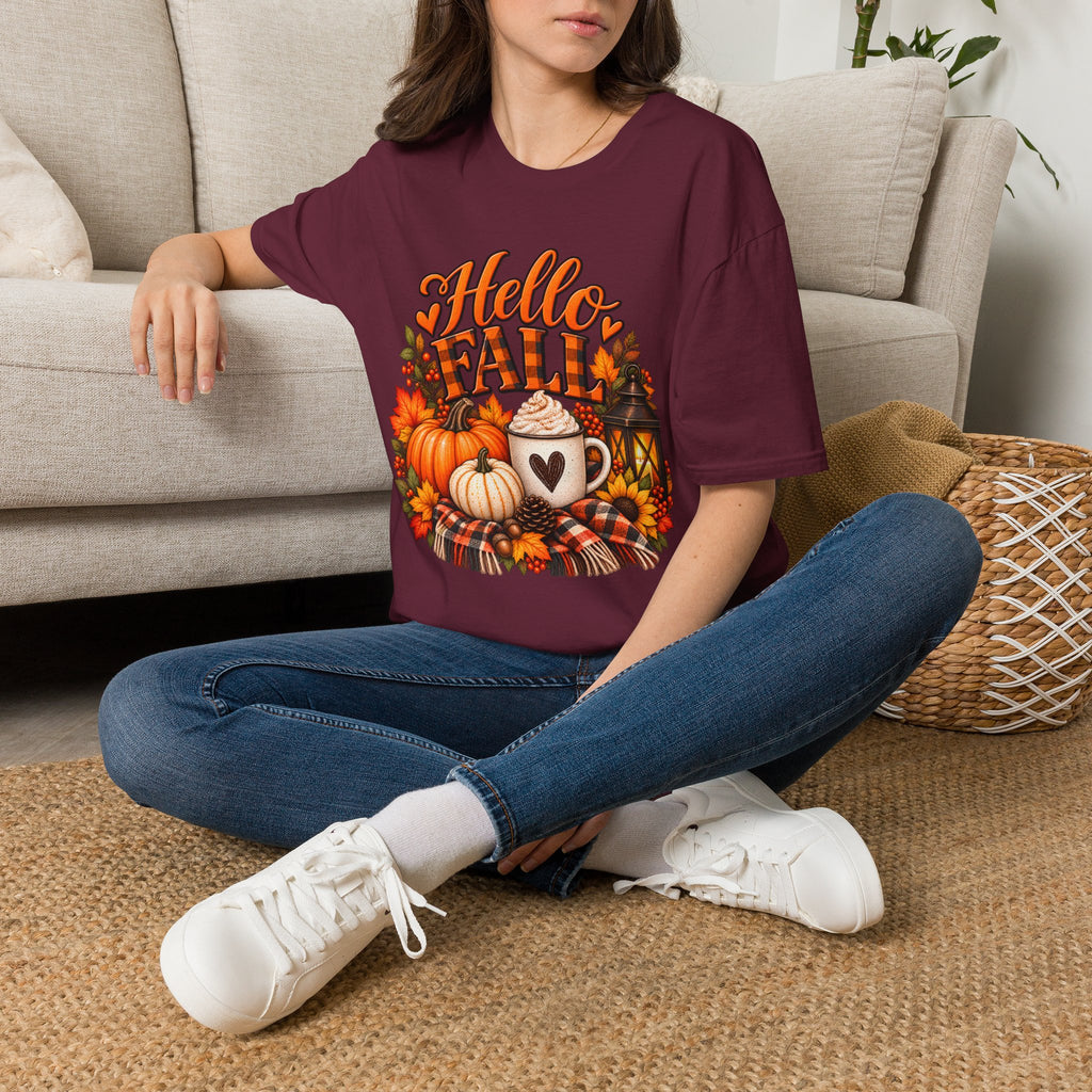Hello Fall T-Shirt – Autumn Pumpkin Coffee Graphic Tee