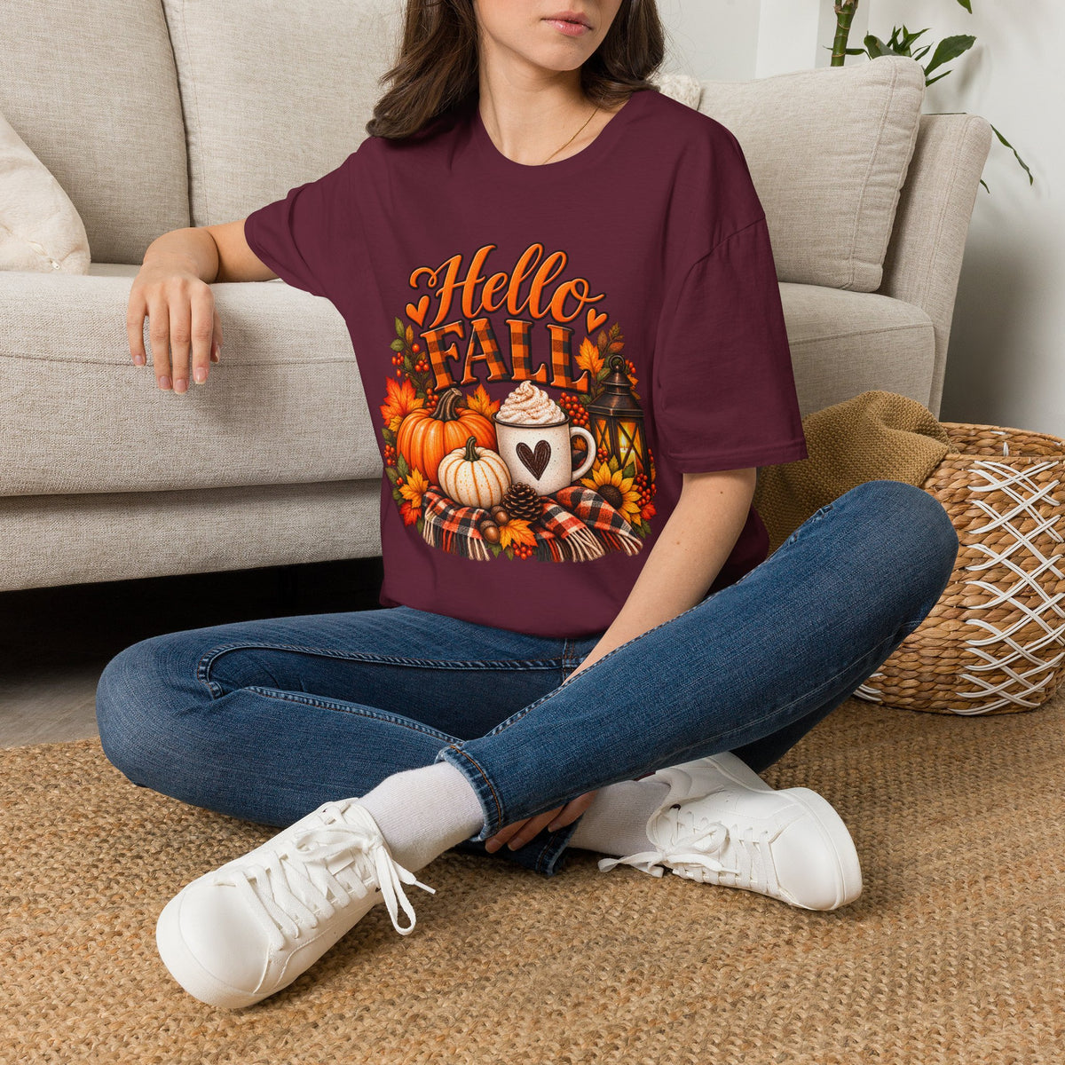 Hello Fall T-Shirt – Autumn Pumpkin Coffee Graphic Tee