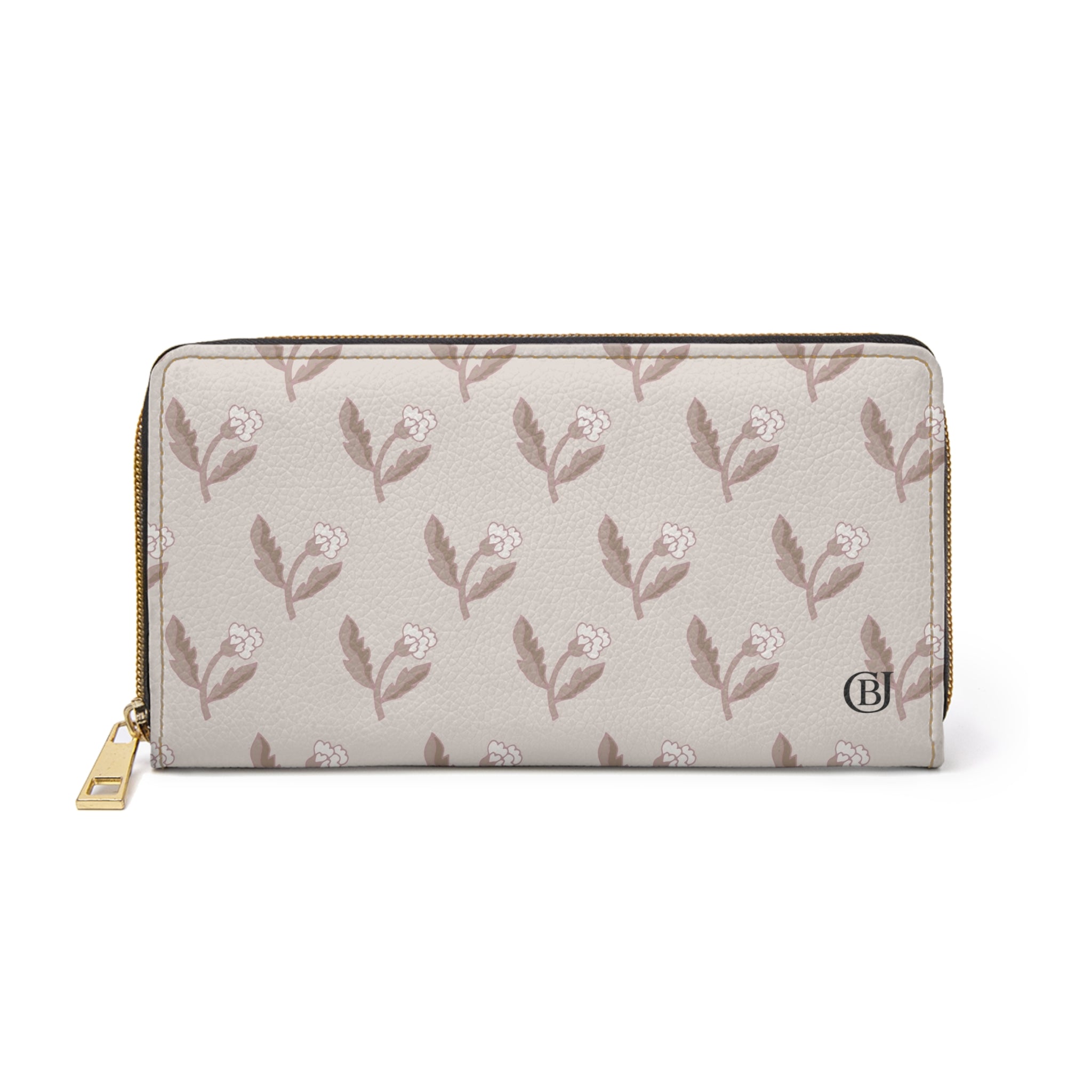 Floral Taupe Zipper Wallet — Neutral Rosebud Patterned Wallet