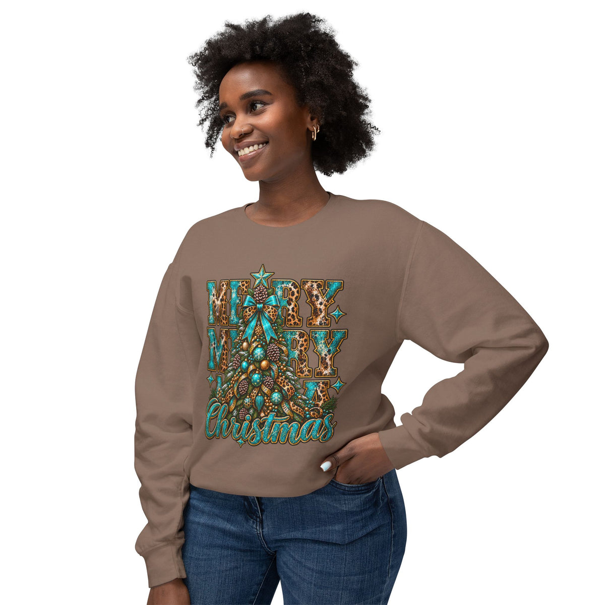 Merry Christmas Teal Leopard Tree Crewneck Sweatshirt