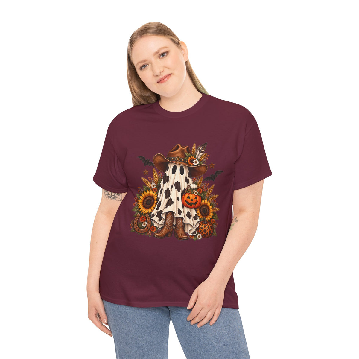 Cowgirl Ghost Halloween Tee — Fall Sunflower Pumpkin Costume Shirt
