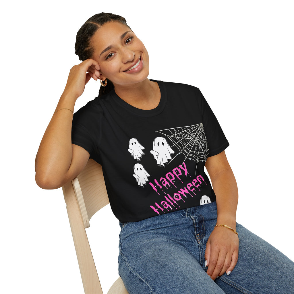 Halloween Ghosts Tee — "Happy Halloween" Spiderweb Graphic