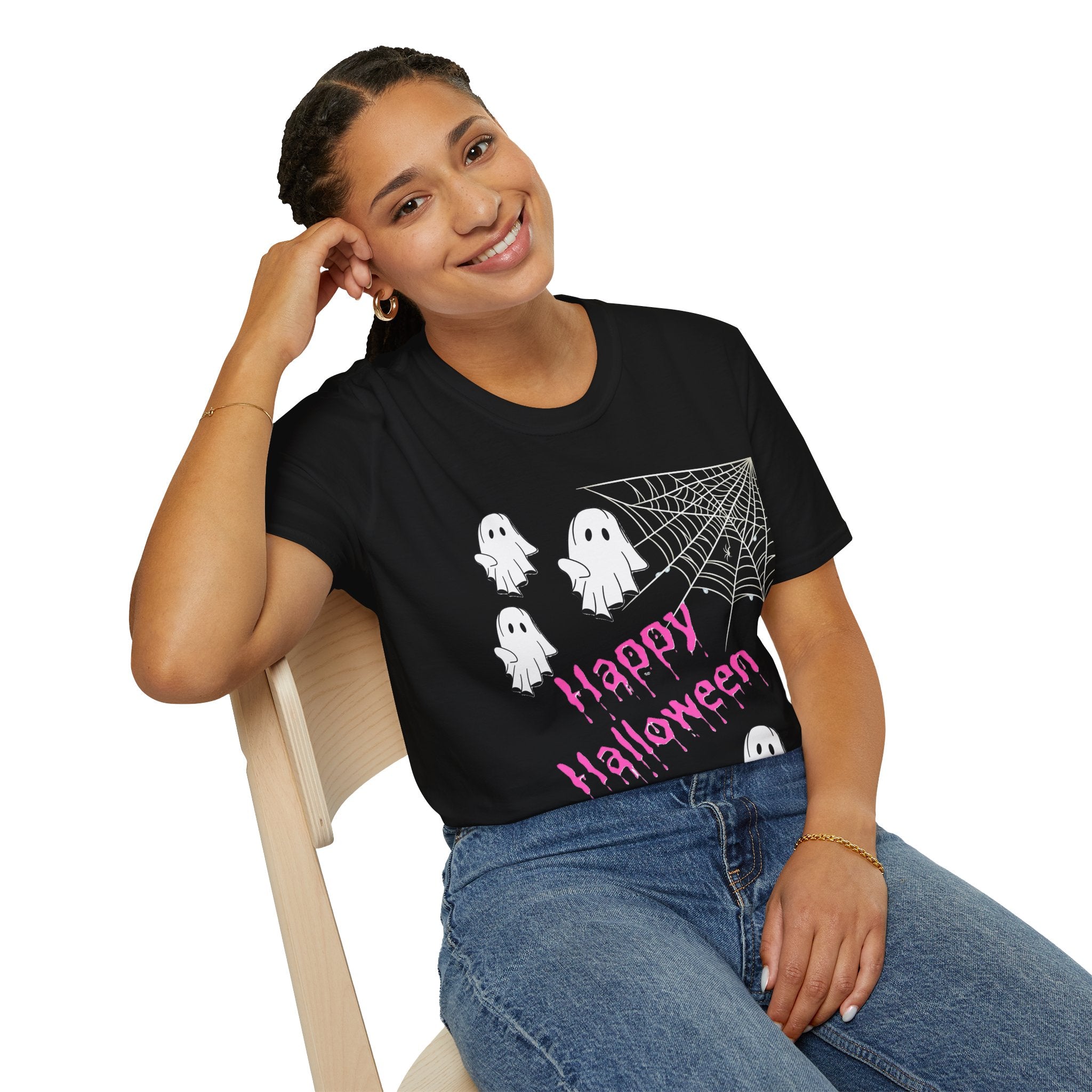 Halloween Ghosts Tee — "Happy Halloween" Spiderweb Graphic