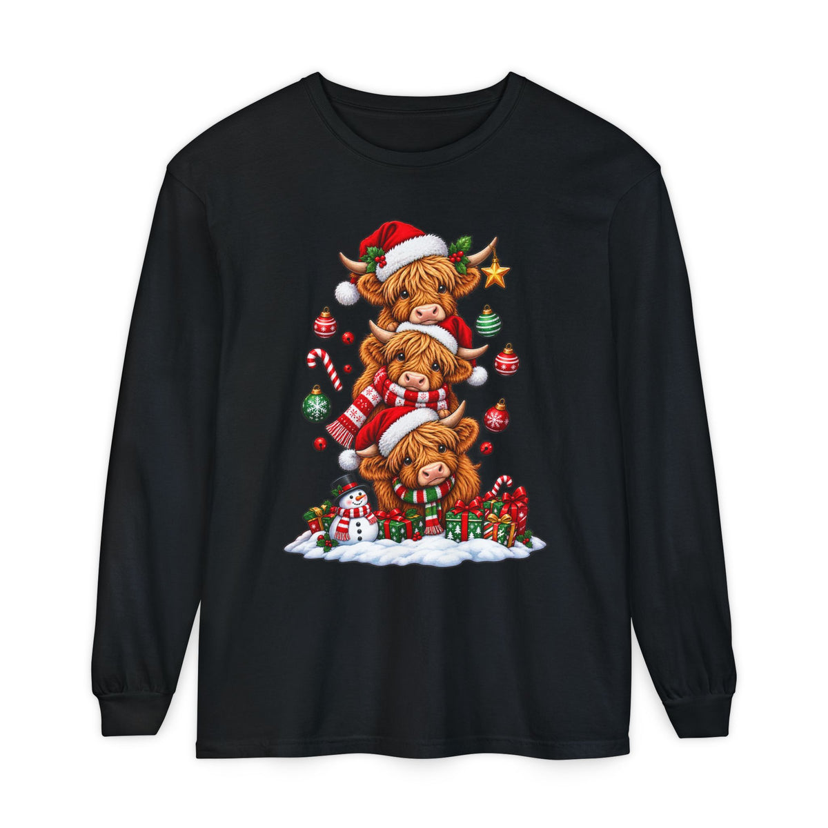 Christmas Highland Cow Stack Long Sleeve Tee