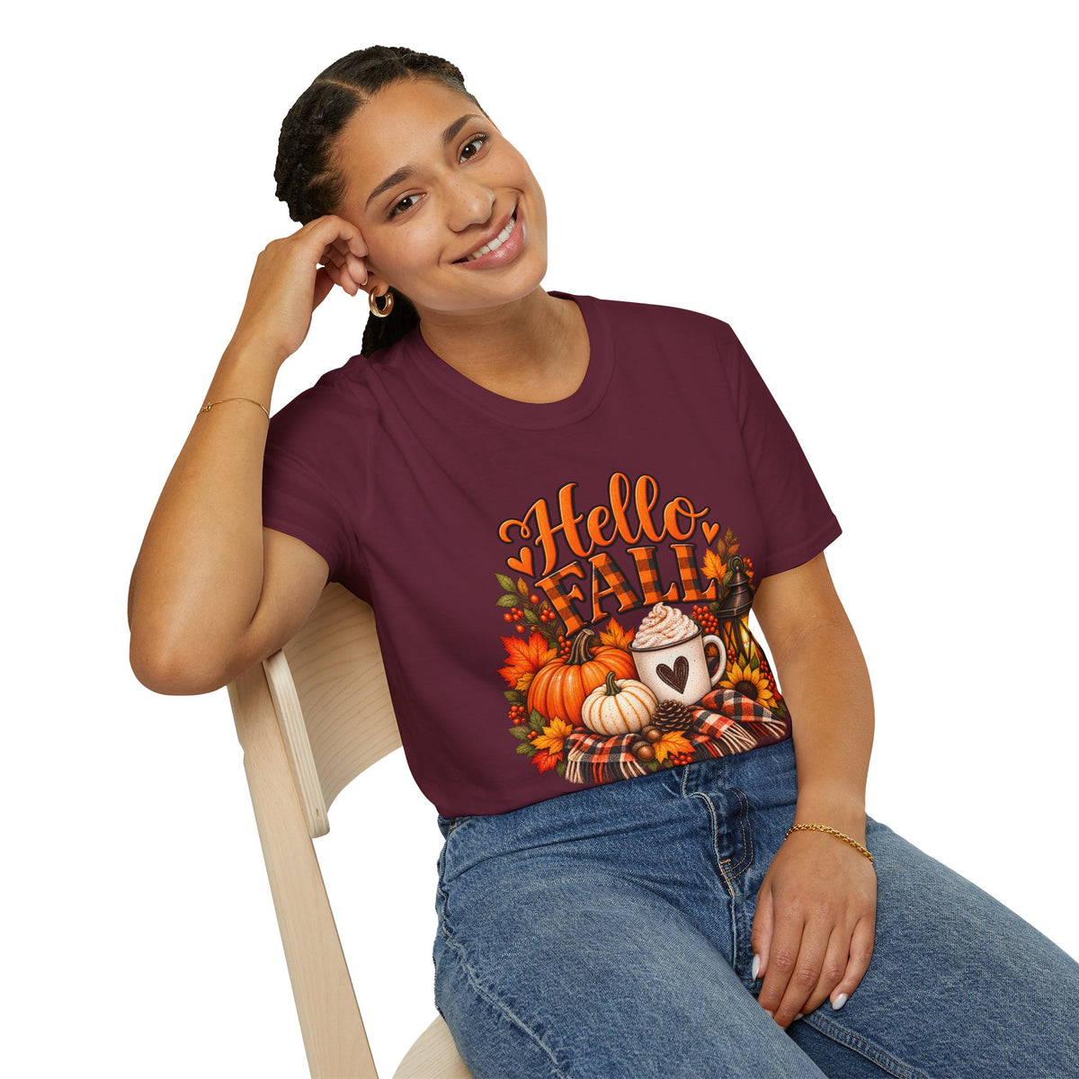 Hello Fall T-Shirt – Autumn Pumpkin Coffee Graphic Tee