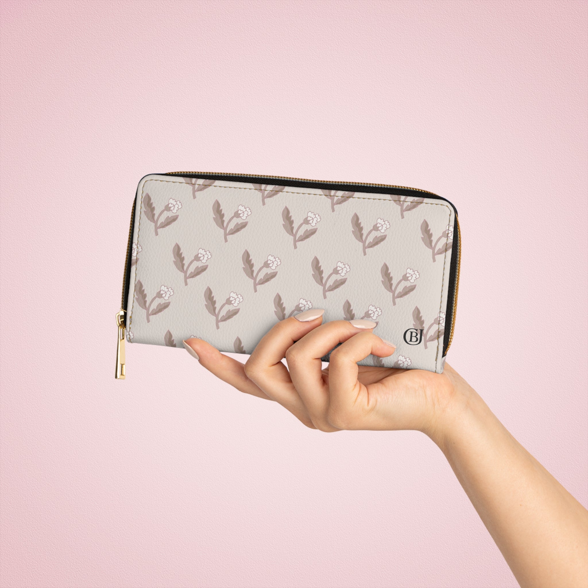 Floral Taupe Zipper Wallet — Neutral Rosebud Patterned Wallet