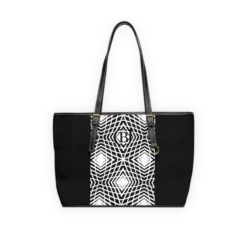 Sleek PU Leather Shoulder Bag - Black & White Geometric Pattern Tote with Monogram Accent
