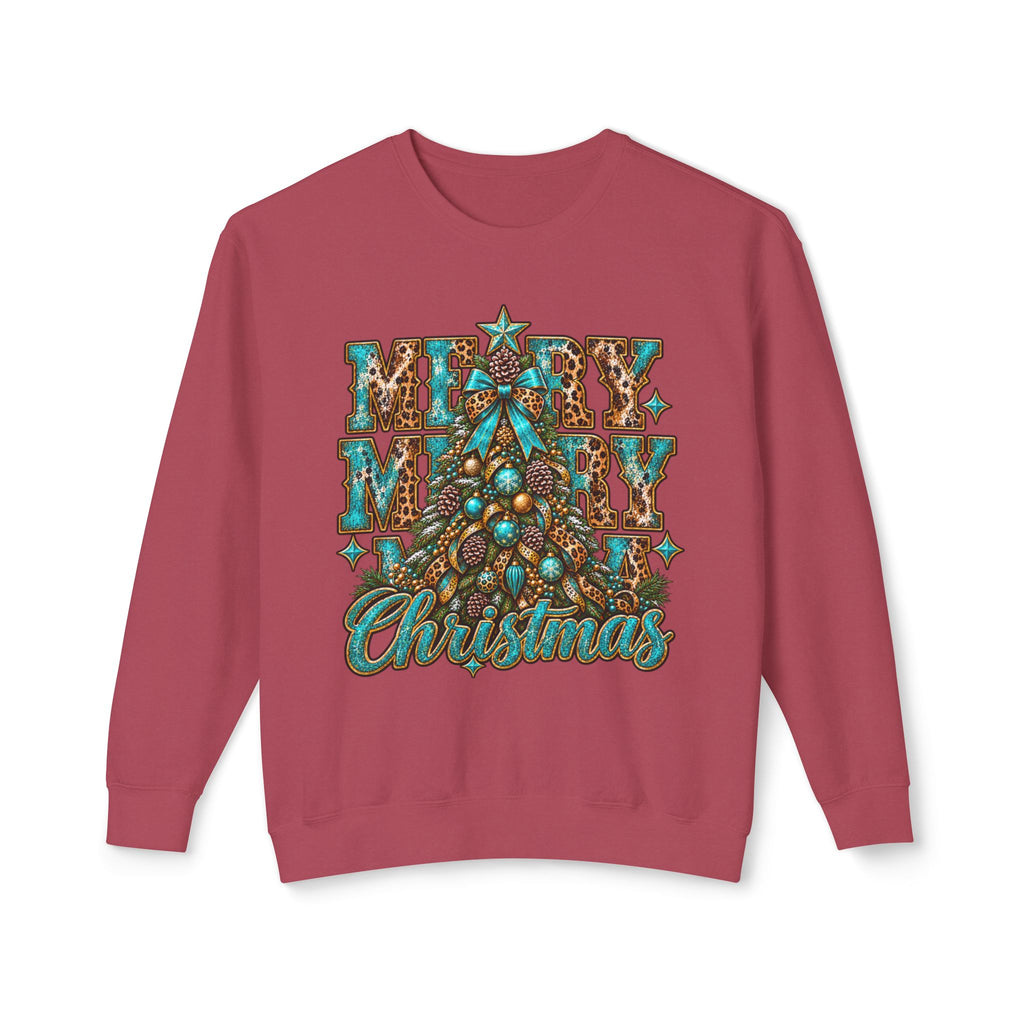 Merry Christmas Teal Leopard Tree Crewneck Sweatshirt