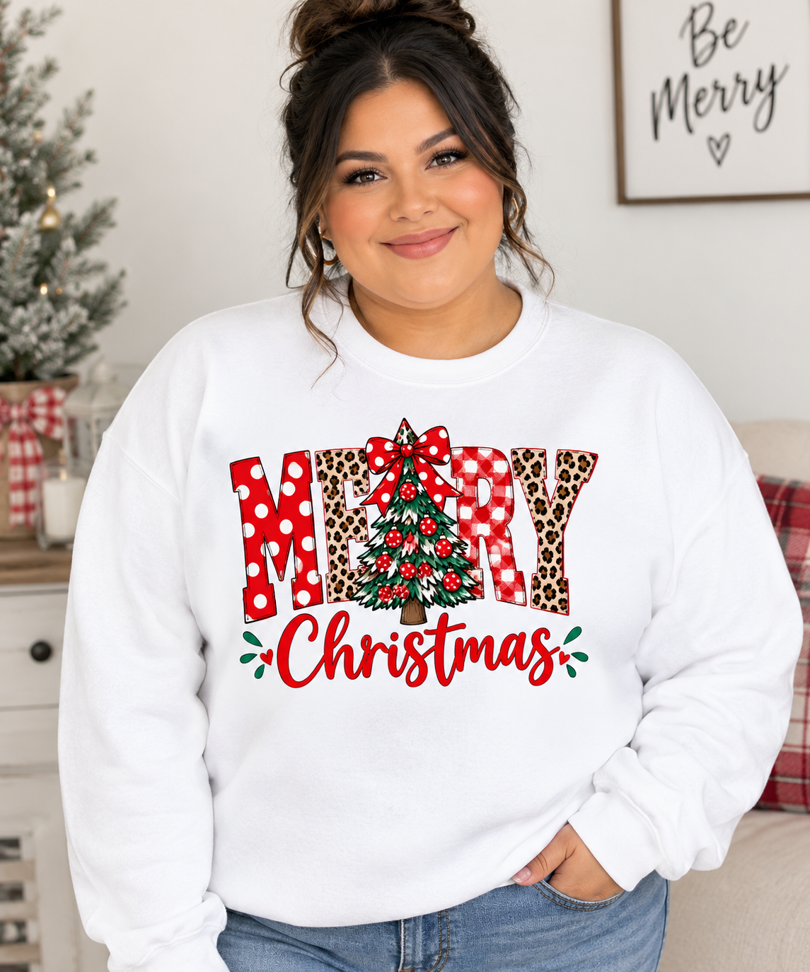 Christmas Crewneck Sweatshirt — "Merry Christmas" Plaid & Tree Design