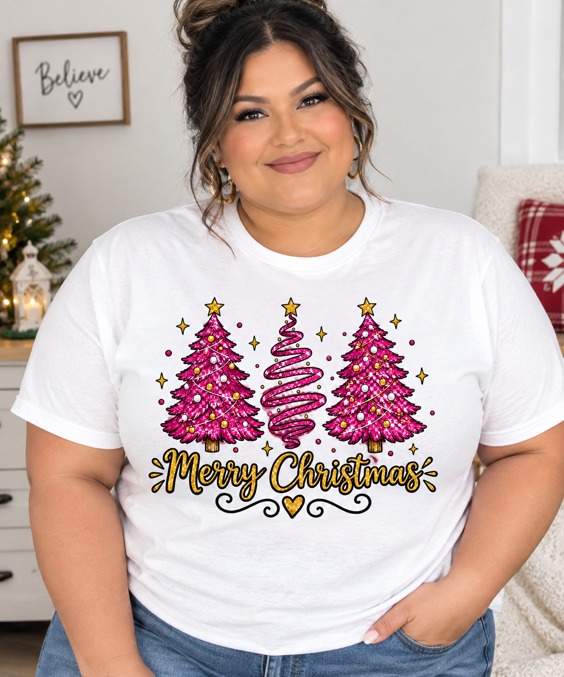 Christmas Tree Tee — Pink  "Merry Christmas" Holiday Shirt