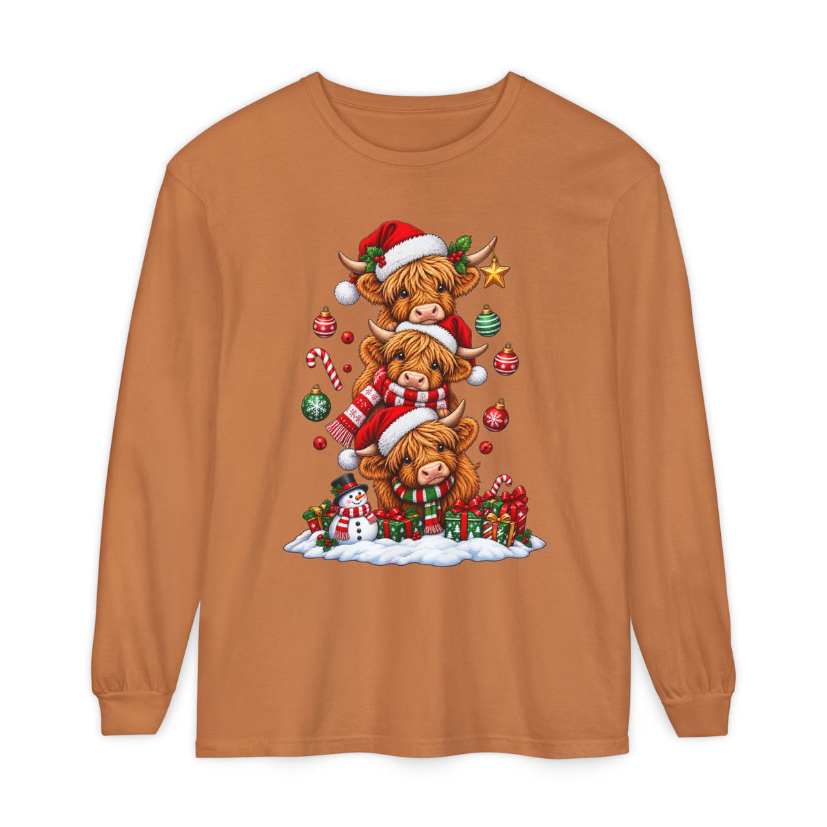 Christmas Highland Cow Stack Long Sleeve Tee