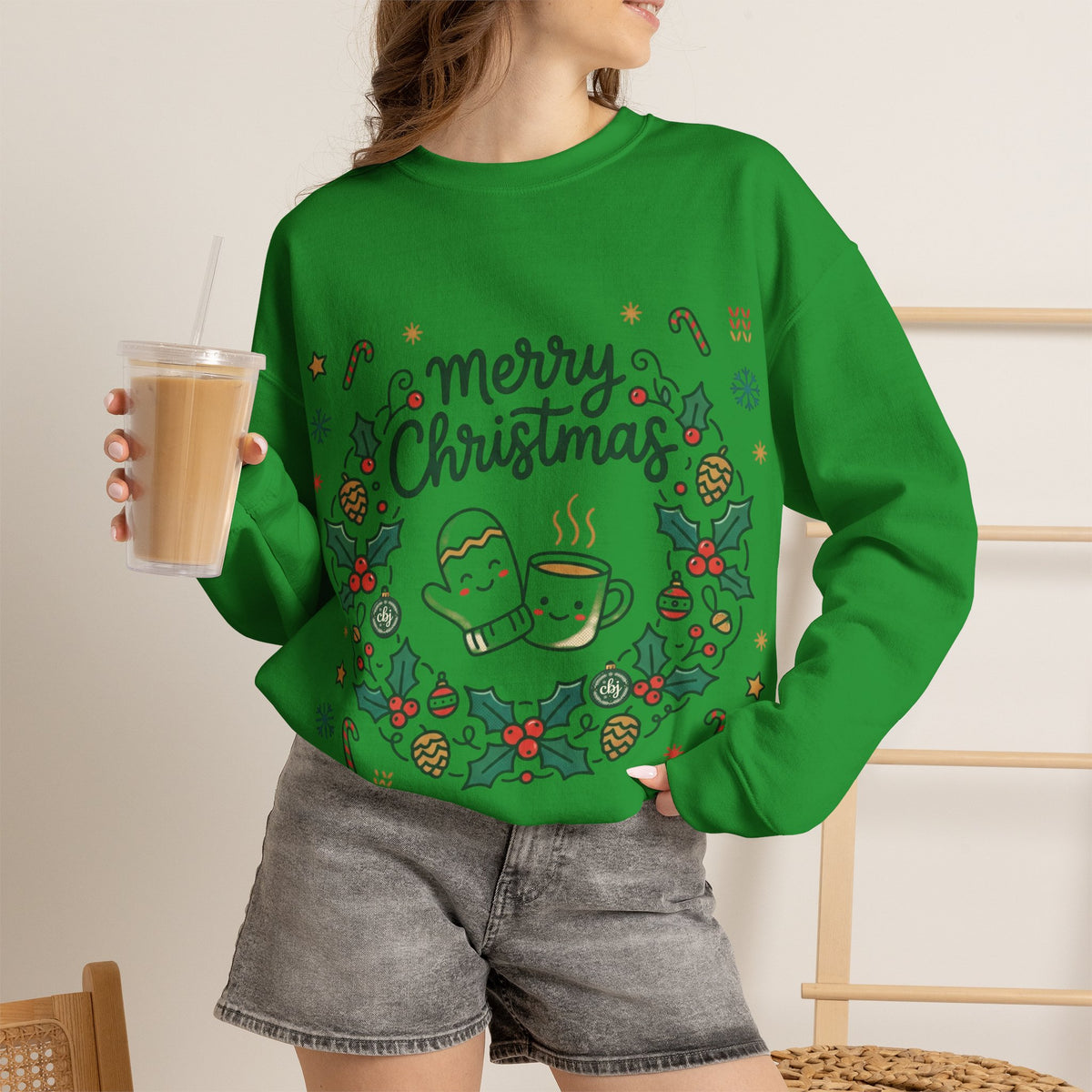 Christmas Mug Wreath Sweatshirt — "Merry Christmas" Festive Holiday Crewneck