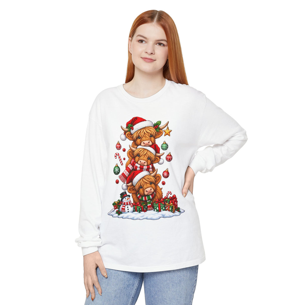 Christmas Highland Cow Stack Long Sleeve Tee
