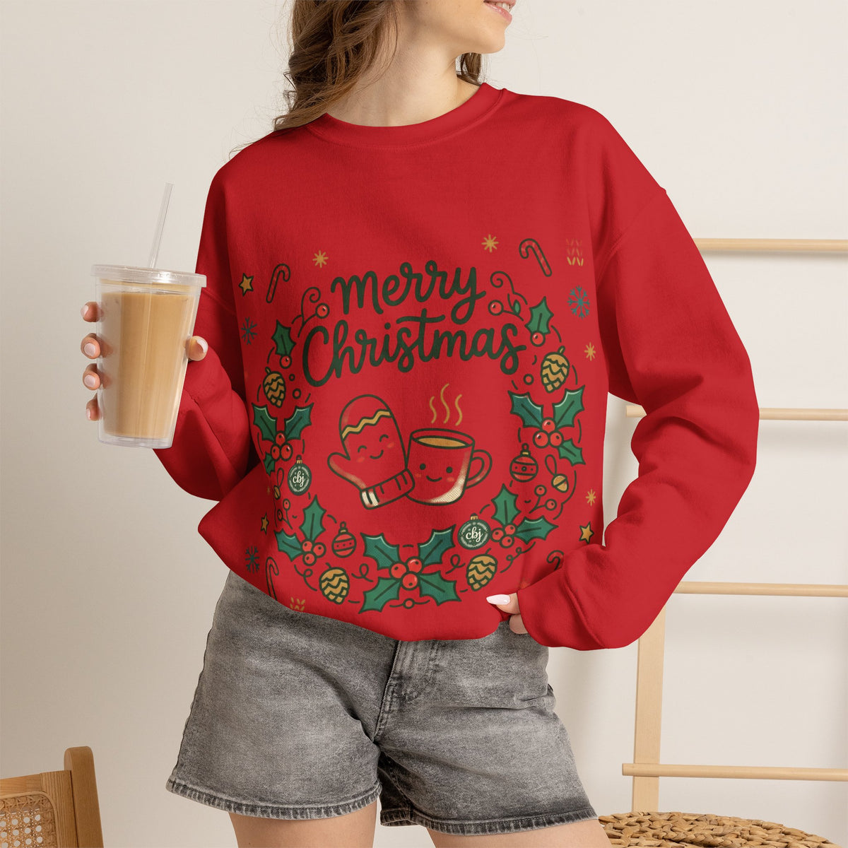 Christmas Mug Wreath Sweatshirt — "Merry Christmas" Festive Holiday Crewneck