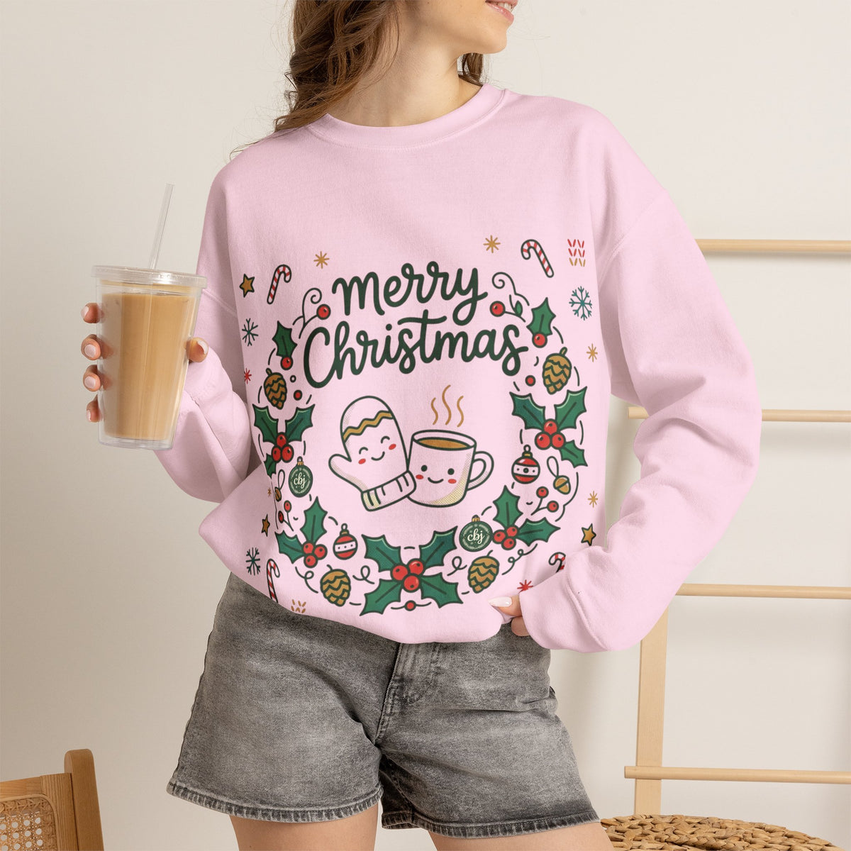 Christmas Mug Wreath Sweatshirt — "Merry Christmas" Festive Holiday Crewneck