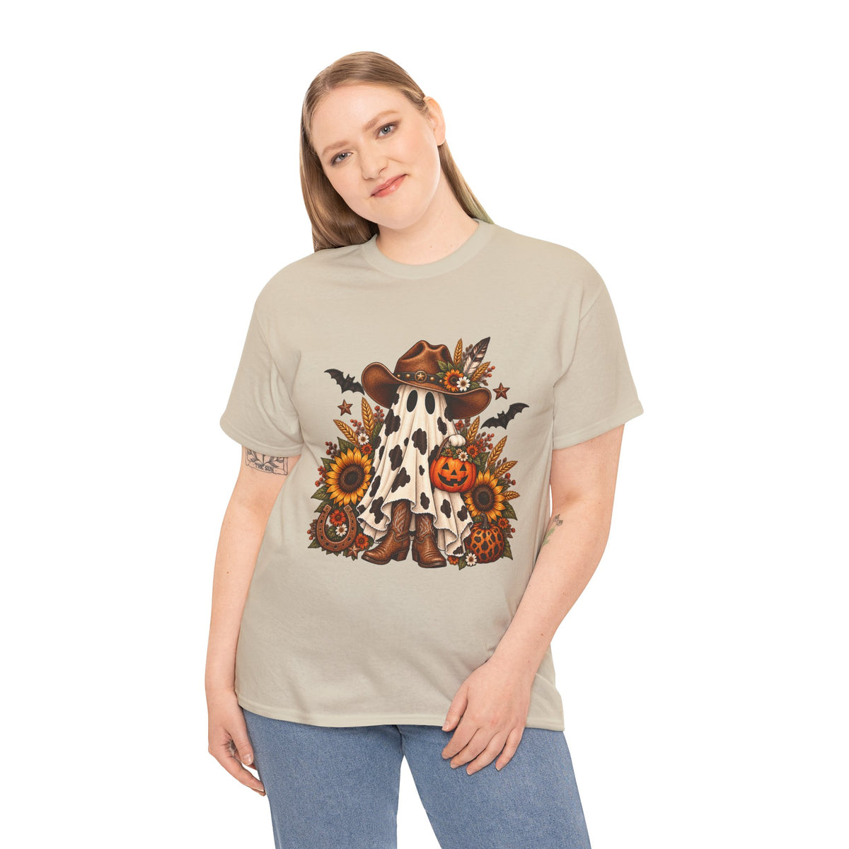 Cowgirl Ghost Halloween Tee — Fall Sunflower Pumpkin Costume Shirt