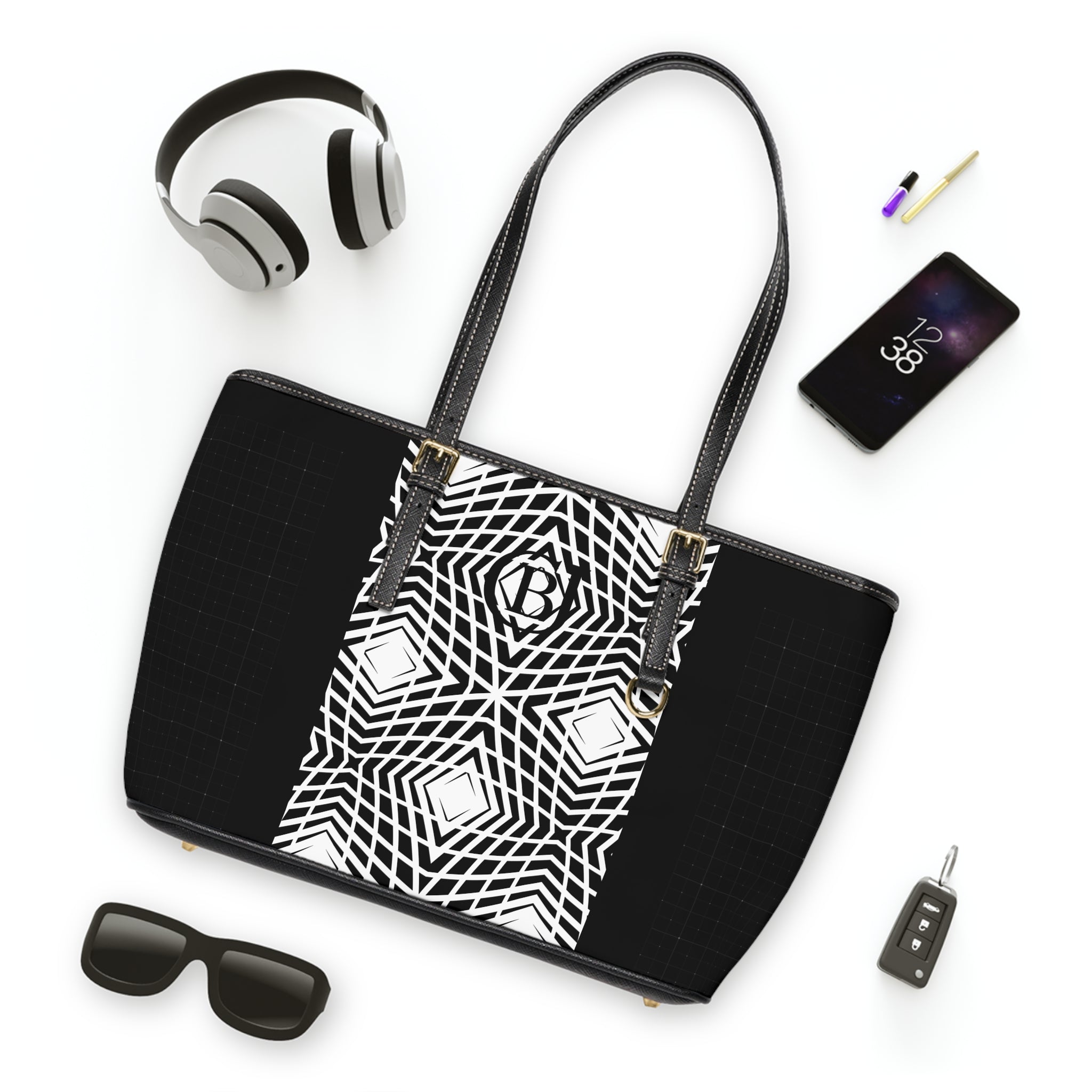 Sleek PU Leather Shoulder Bag - Black & White Geometric Pattern Tote with Monogram Accent