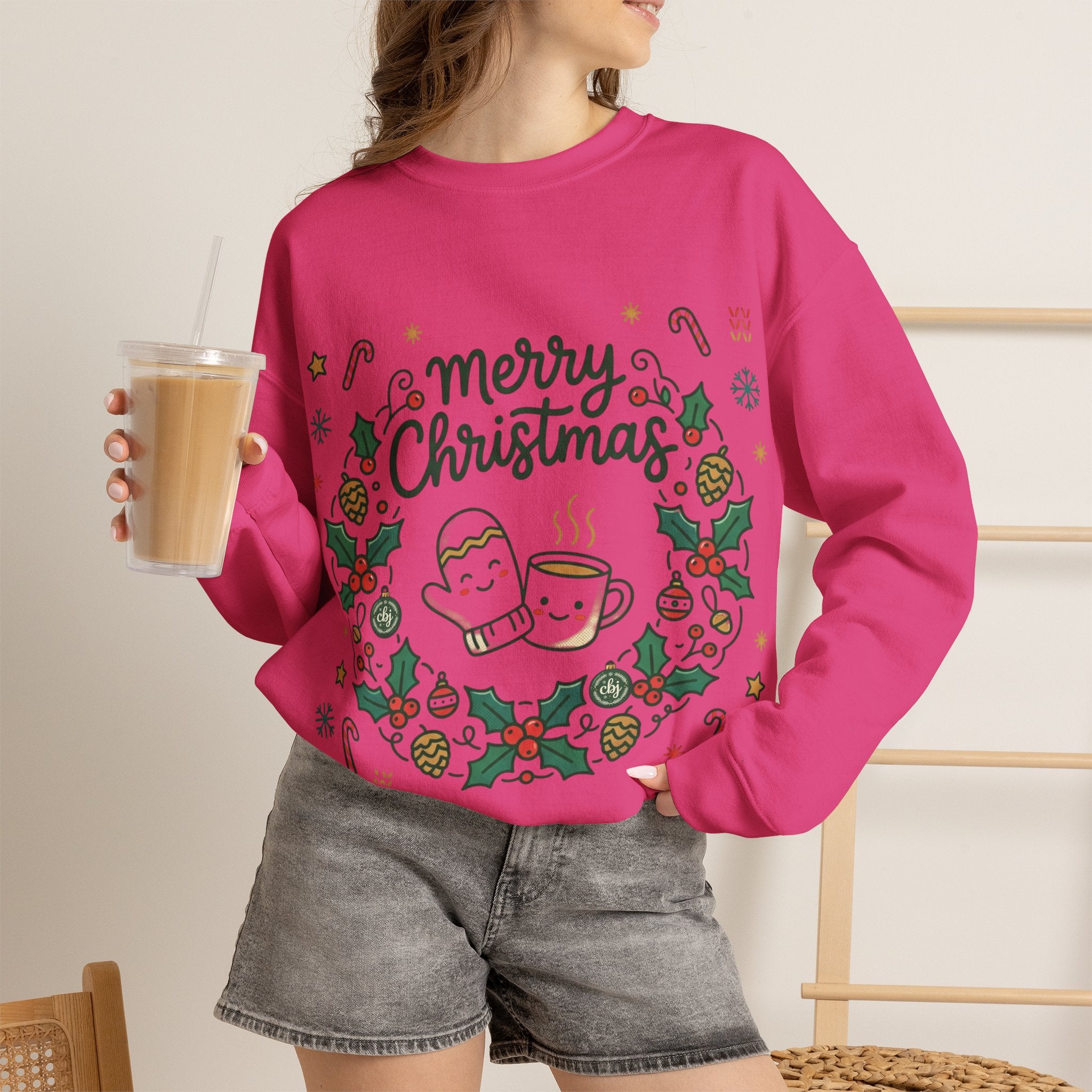 Christmas Mug Wreath Sweatshirt — "Merry Christmas" Festive Holiday Crewneck