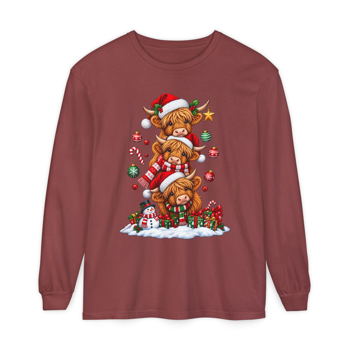 Christmas Highland Cow Stack Long Sleeve Tee