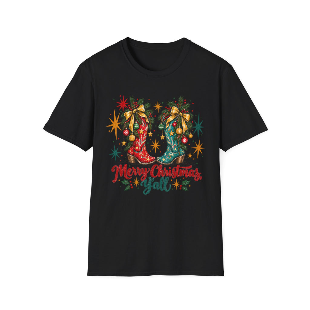 Christmas Cowboy Boots T-Shirt — "Merry Christmas Y’all" Holiday Tee