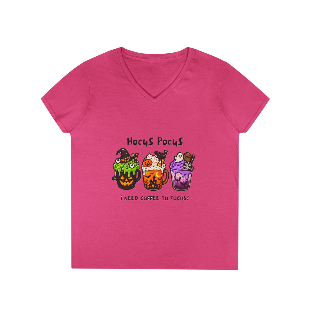 Halloween Coffee T‑Shirt — “Hocus Pocus I Need Coffee to Focus” Ladies' V‑Neck
