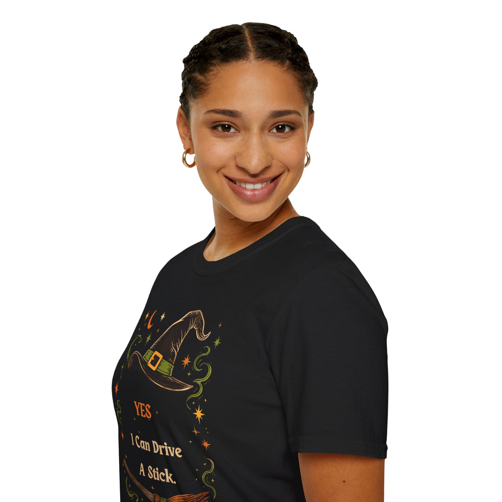 Witch Hat T‑Shirt — "Yes I Can Drive A Stick" Halloween Tee