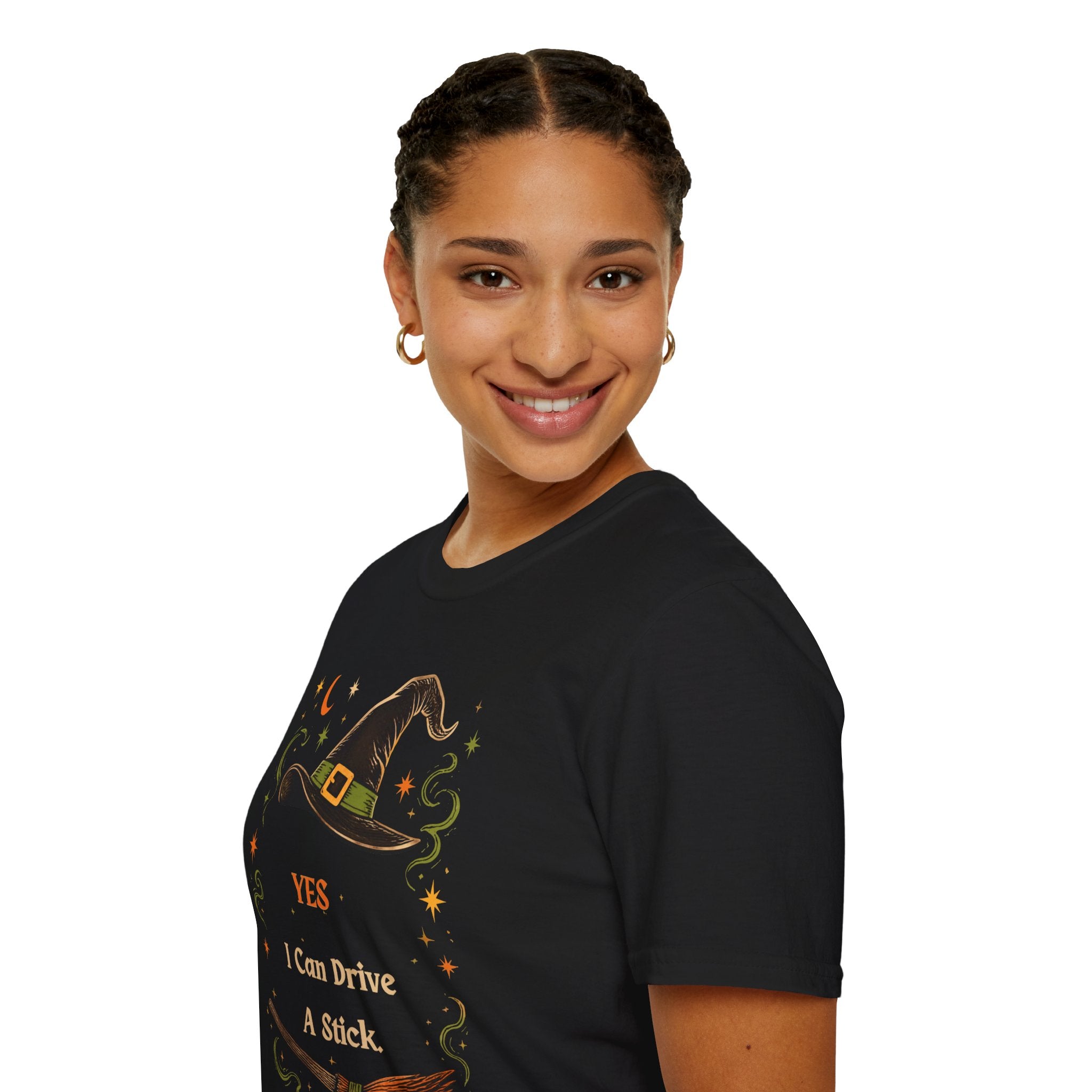 Witch Hat T‑Shirt — "Yes I Can Drive A Stick" Halloween Tee