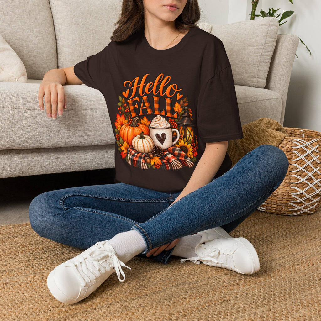 Hello Fall T-Shirt – Autumn Pumpkin Coffee Graphic Tee