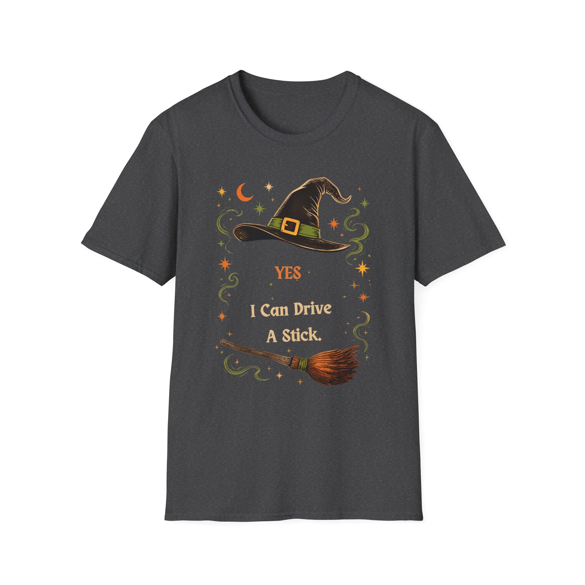 Witch Hat T‑Shirt — "Yes I Can Drive A Stick" Halloween Tee
