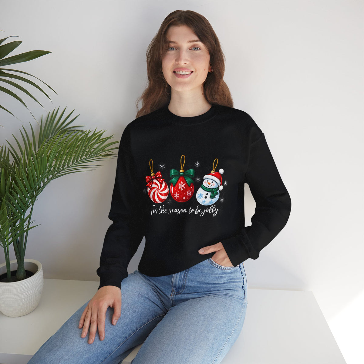 Christmas Ornaments Crew Sweatshirt — "Tis the Season to Be Jolly" Holiday Sweater