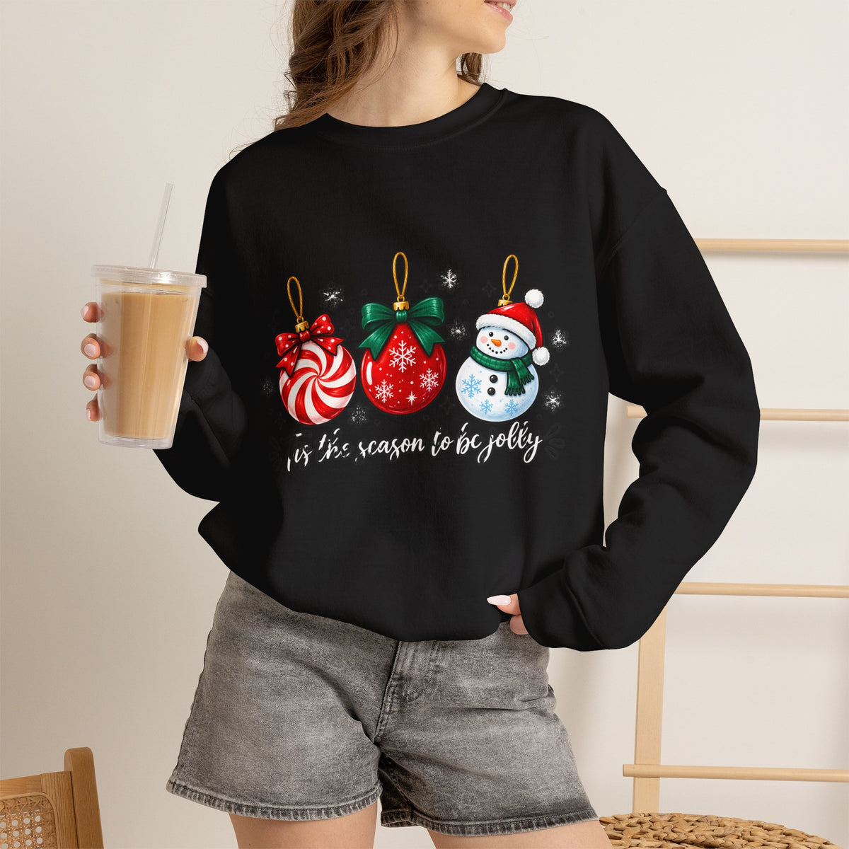 Christmas Ornaments Crew Sweatshirt — "Tis the Season to Be Jolly" Holiday Sweater