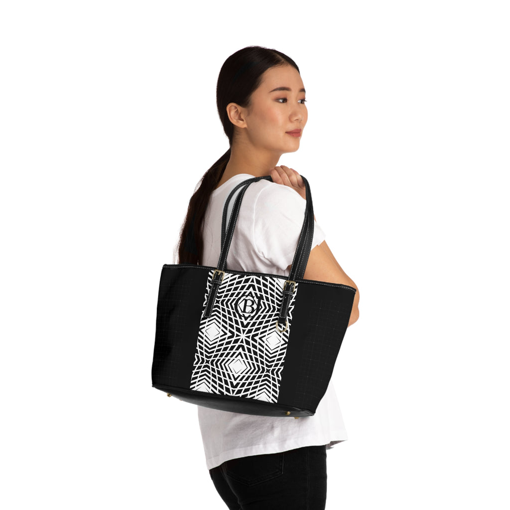 Sleek PU Leather Shoulder Bag - Black & White Geometric Pattern Tote with Monogram Accent