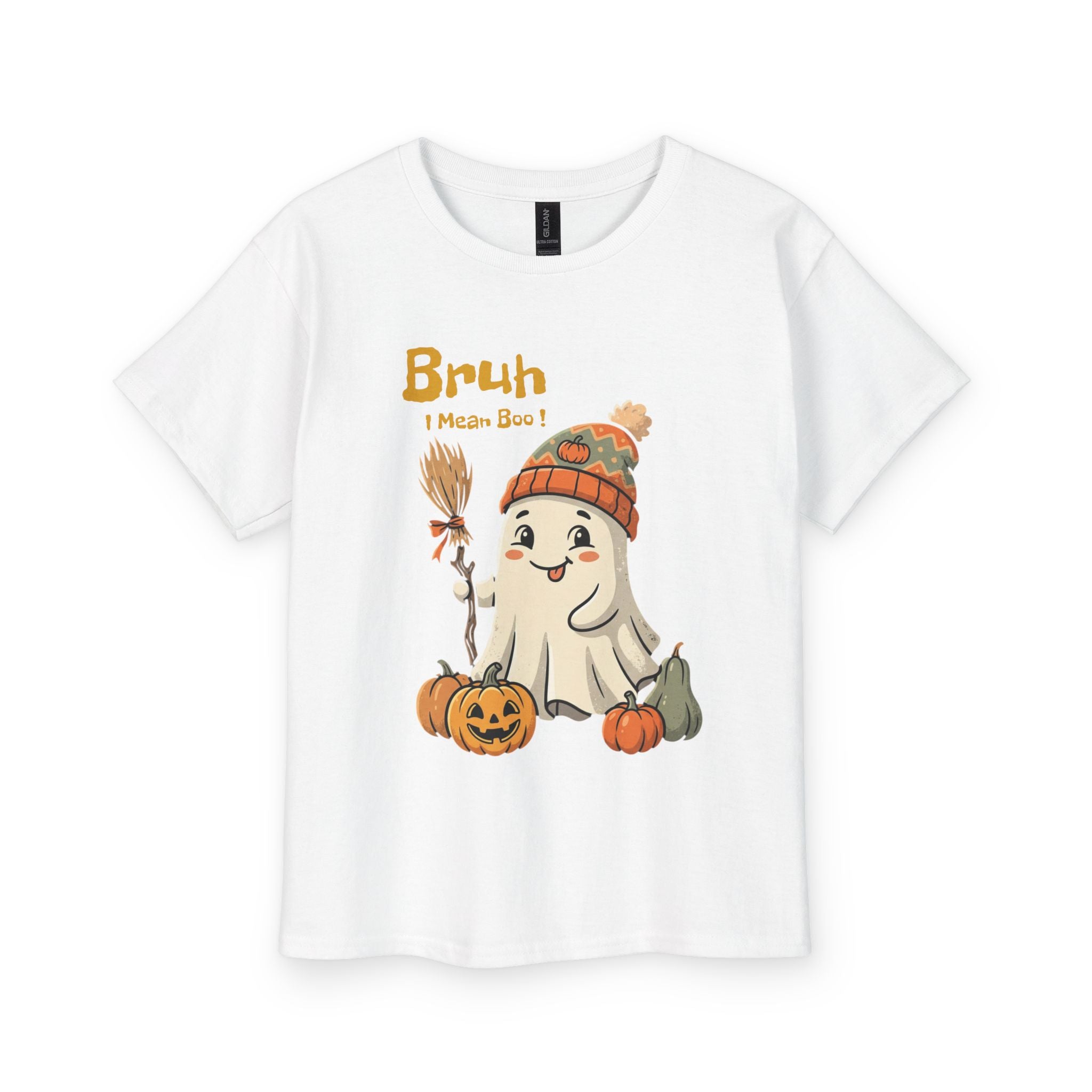 Kids Halloween Ghost Tee - "Bruh I Mean Boo" Cute Pumpkin Fall Shirt