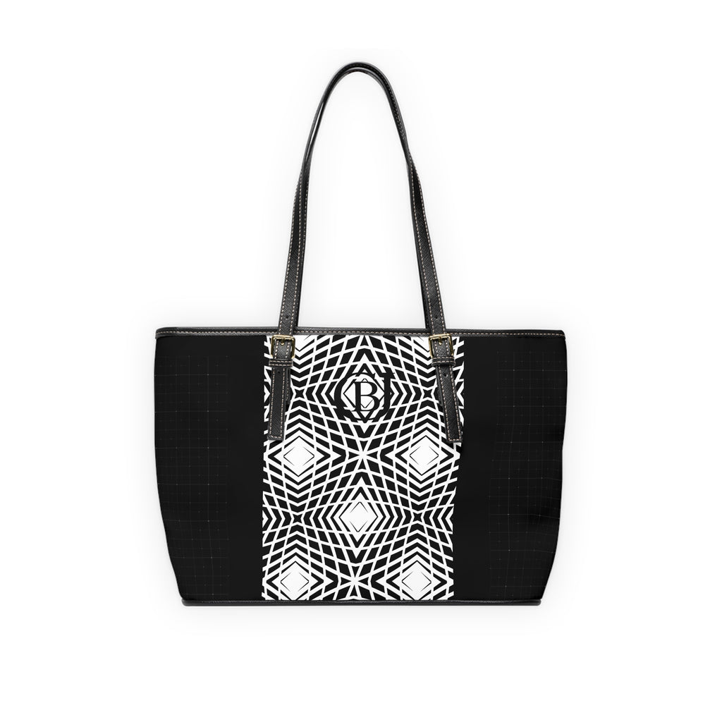 Sleek PU Leather Shoulder Bag - Black & White Geometric Pattern Tote with Monogram Accent
