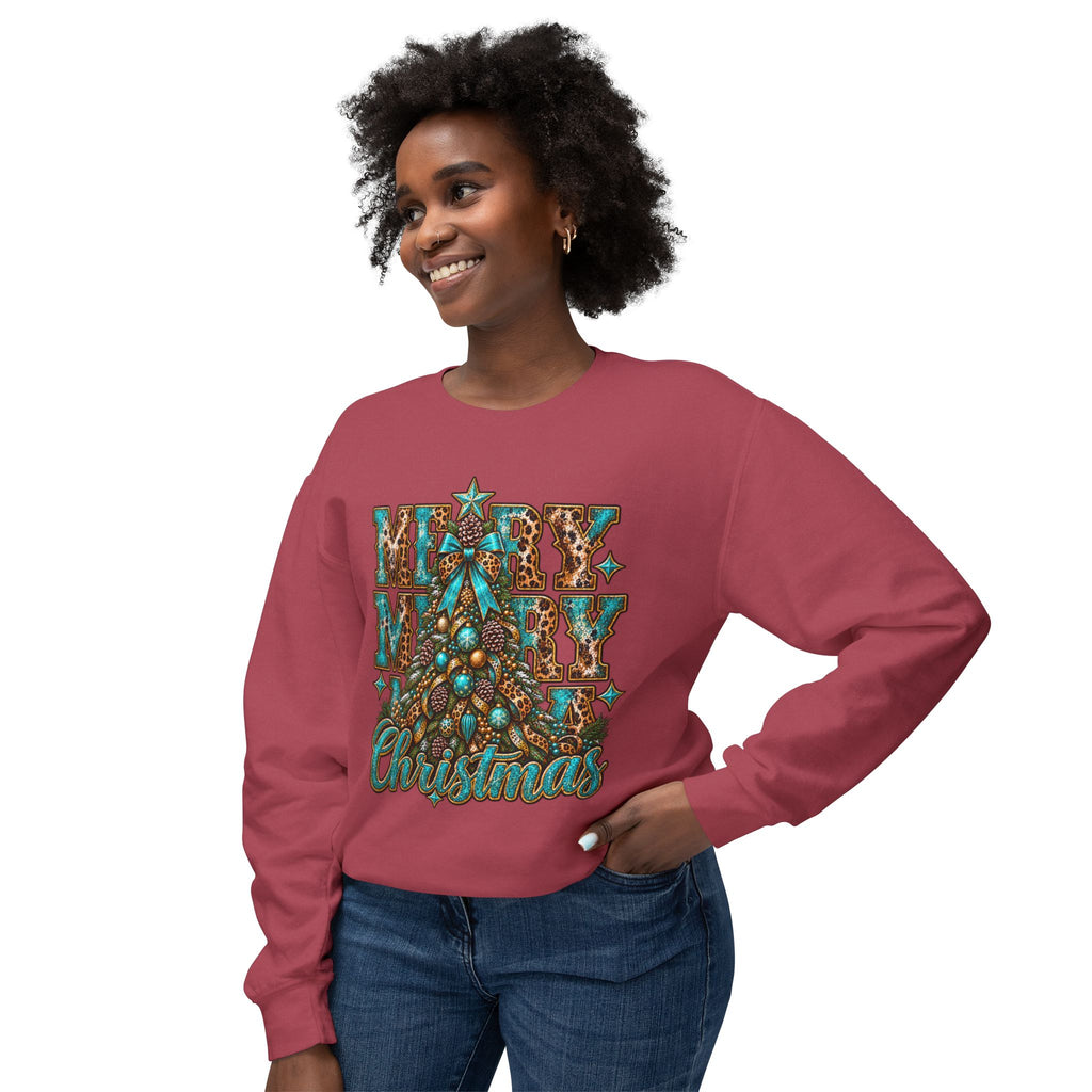 Merry Christmas Teal Leopard Tree Crewneck Sweatshirt