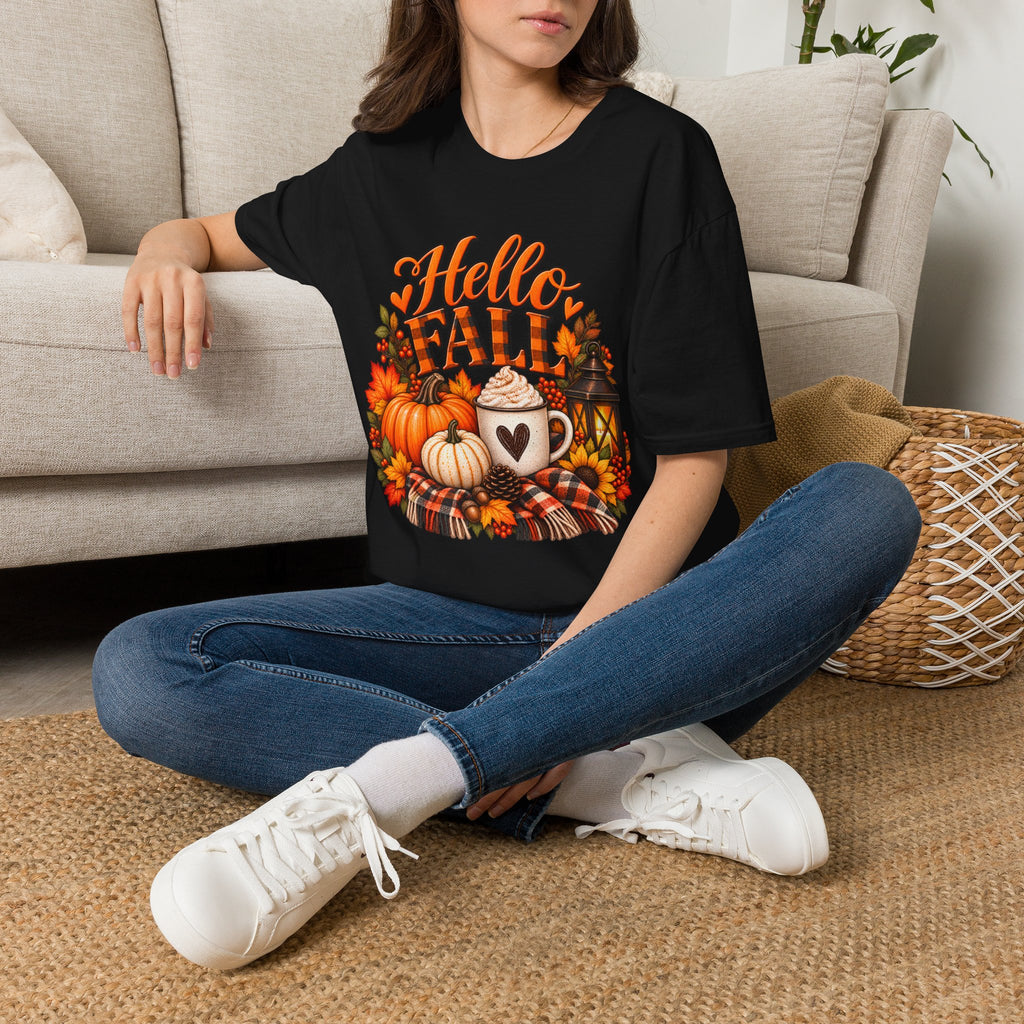 Hello Fall T-Shirt – Autumn Pumpkin Coffee Graphic Tee