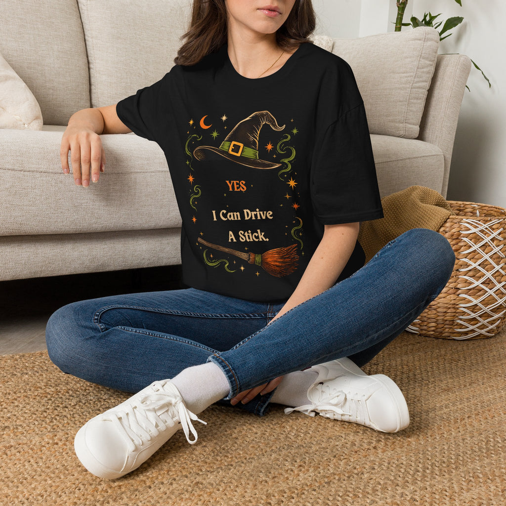 Witch Hat T‑Shirt — "Yes I Can Drive A Stick" Halloween Tee