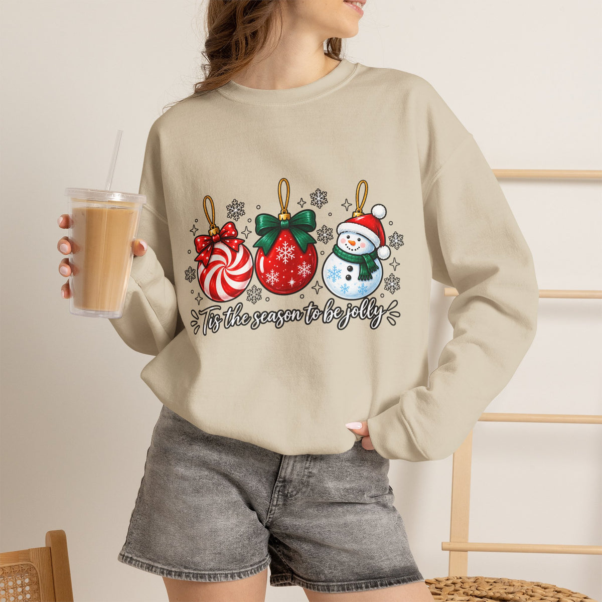 Christmas Ornaments Crew Sweatshirt — "Tis the Season to Be Jolly" Holiday Sweater